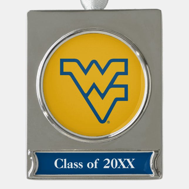 WVU Logo with Year Silver Plated Banner Ornament (Front)