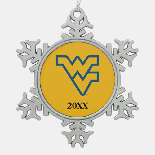 WVU Logo with Year Snowflake Pewter Christmas Ornament