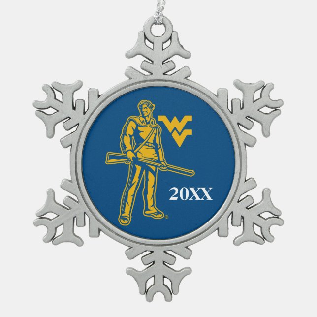 WVU Mountaineer Snowflake Pewter Christmas Ornament (Front)