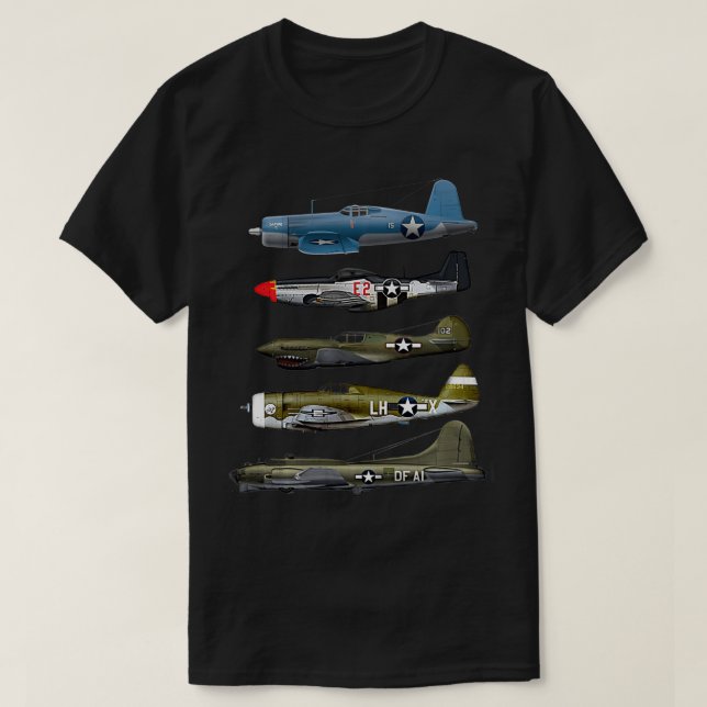 WW2 Warplane B17 P51 Mustang F4U Corsair P40 Warha T-Shirt (Design Front)