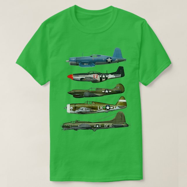 WW2 Warplane B17 P51 Mustang F4U Corsair P40 Warha T-Shirt (Design Front)