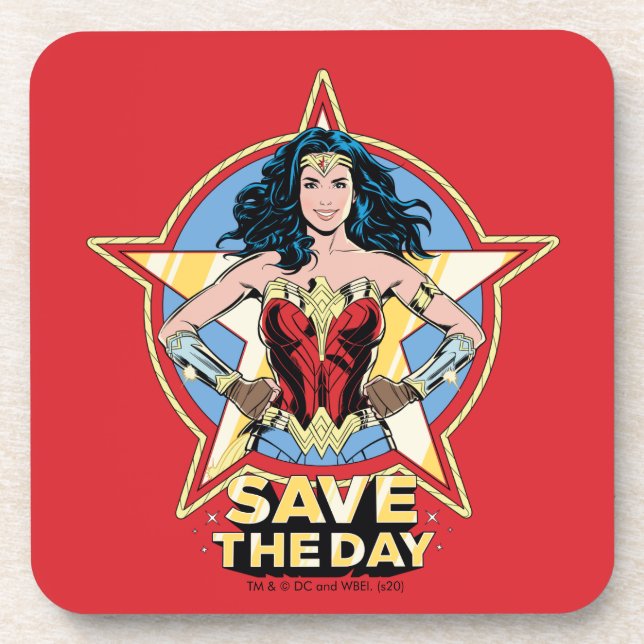 WW84 | Save The Day Wonder Woman Retro Comic Art Beverage Coaster (Front)