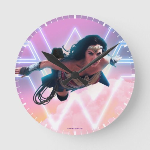 WW84  Wonder Woman Flying Lo Fi Pastel Graphic Round Clock