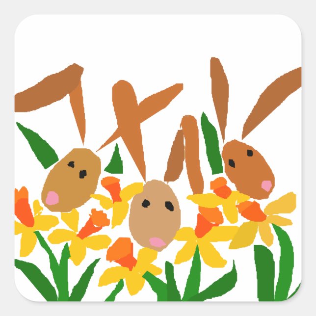 WW- Bunny Rabbits and Daffodils Art Square Sticker (Front)
