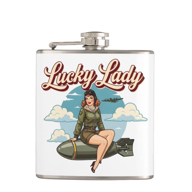 WWII Bomber "Lucky Lady" Nose Art Flask (Front)