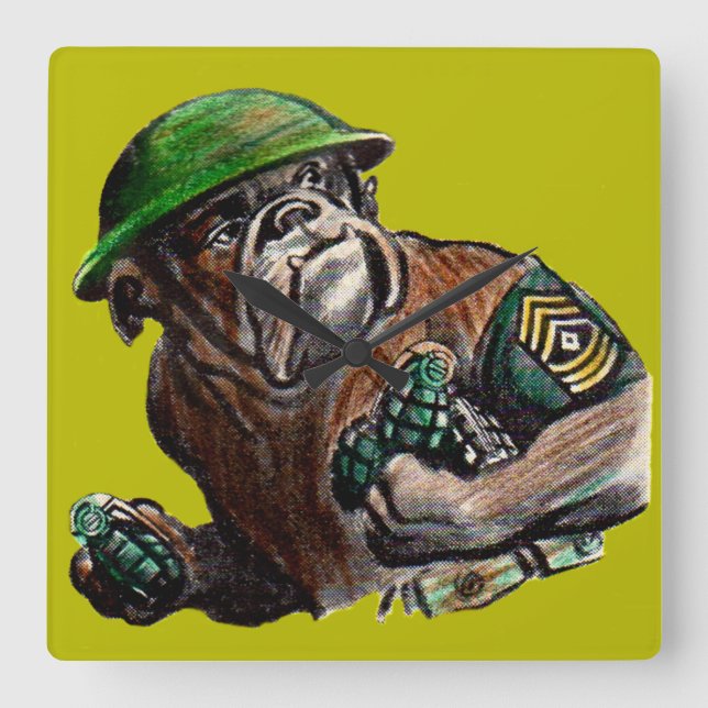 WWII bulldog dog soldier Sgt. Rover Square Wall Clock (Front)