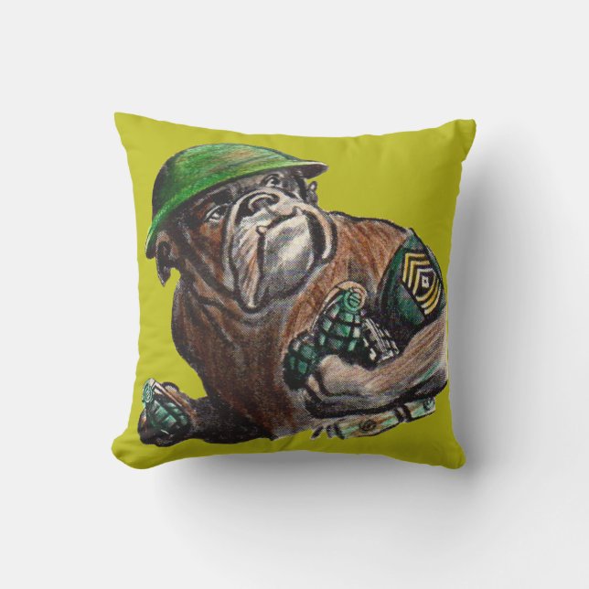 WWII bulldog dog soldier Sgt. Rover Throw Pillow (Front)