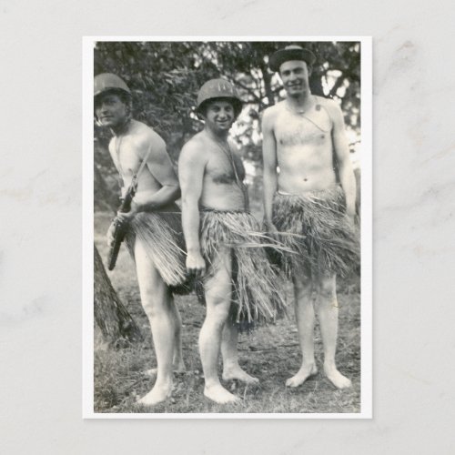 WWII soldiers in grass skirts Postcard