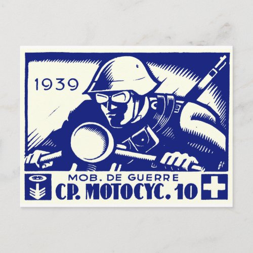 WWII Swiss Motorcycle Company blue Postcard