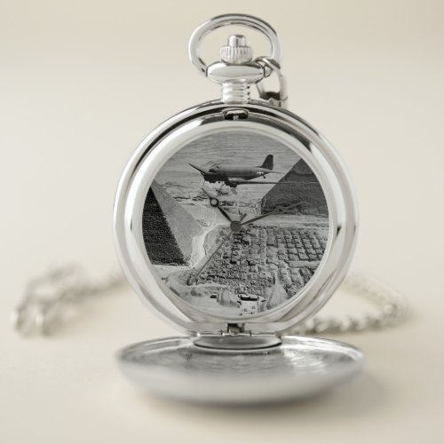 WWII Transport Plane Flying Over Pyramid Pocket Watch