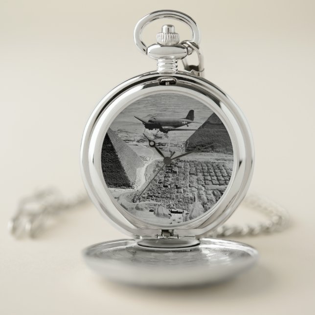 WWII Transport Plane Flying Over Pyramid Pocket Watch (Inside)