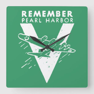 WWII White Remember Pearl Harbor Square Wall Clock