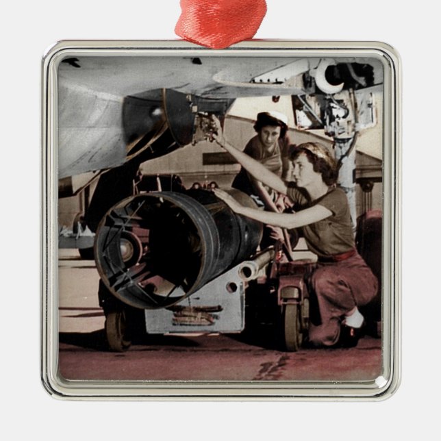 WWII Women Working on Airplane Metal Ornament (Front)