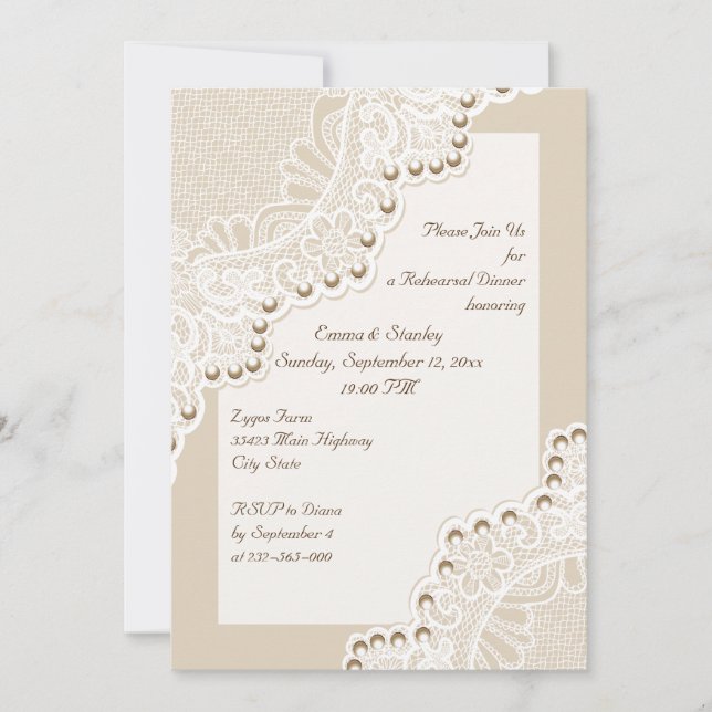 wWite lace with pearls wedding rehearsal dinner Invitation (Front)