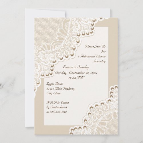 wWite lace with pearls wedding rehearsal dinner Invitation