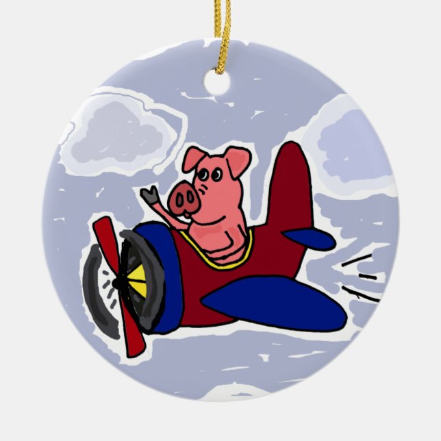 WX- Flying Pig in Airplane Cartoon Ceramic Ornament (Front)