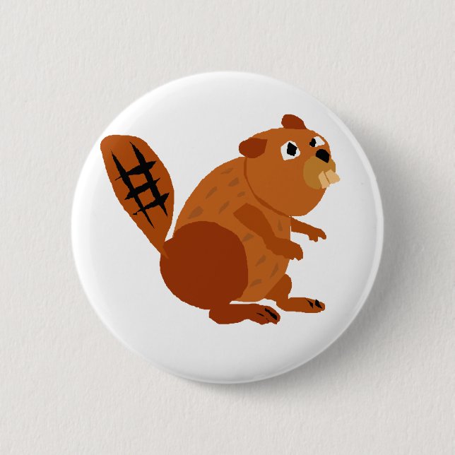 WX- Funny Beaver Primitive Art Pinback Button (Front)