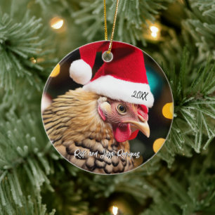 Wyandotte Chicken Wearing Santa Hat Christmas Ceramic Ornament