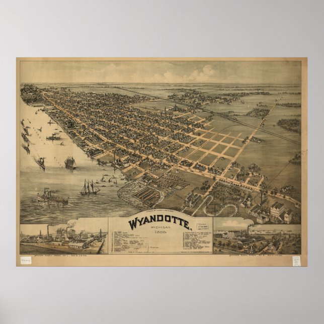 Wyandotte Michigan 1896 Antique Panoramic Map Poster (Front)