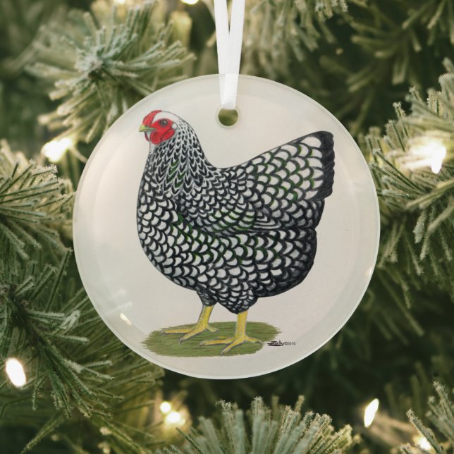 Wyandotte:  Silver-laced Hen Glass Ornament (Insitu)