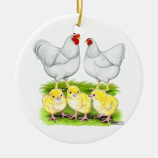 Wyandotte White Chicken Family Ceramic Ornament (Front)
