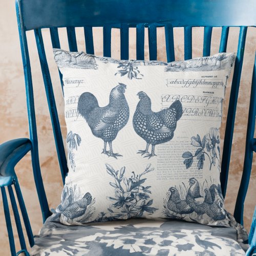 Wyandottes Chicken and Rooster Blue Toile Throw Pillow
