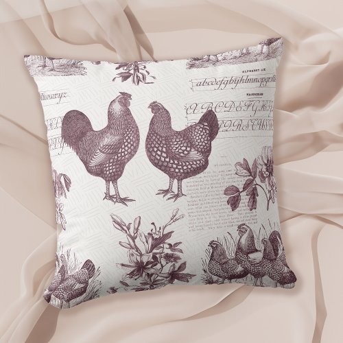 Wyandottes Chicken and Rooster Vintage Toile Farm Throw Pillow
