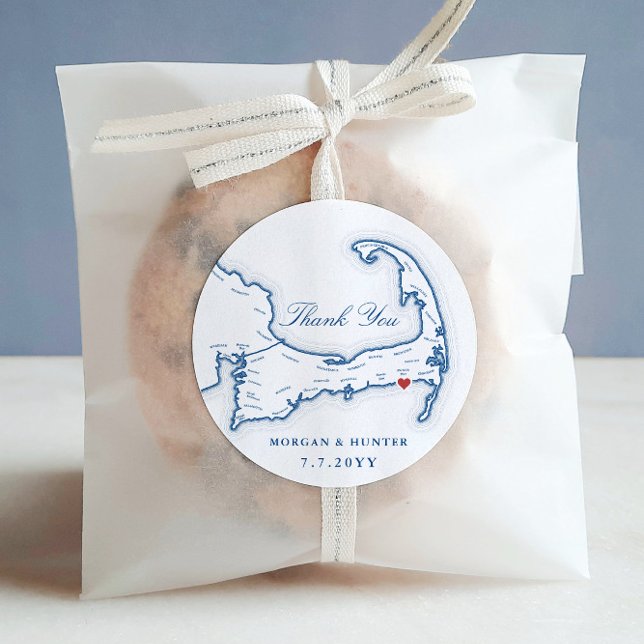 Wychmere Cape Cod Map Thank You Wedding Favor Classic Round Sticker (Wychmere Beach Club "Thank You" wedding favor label)