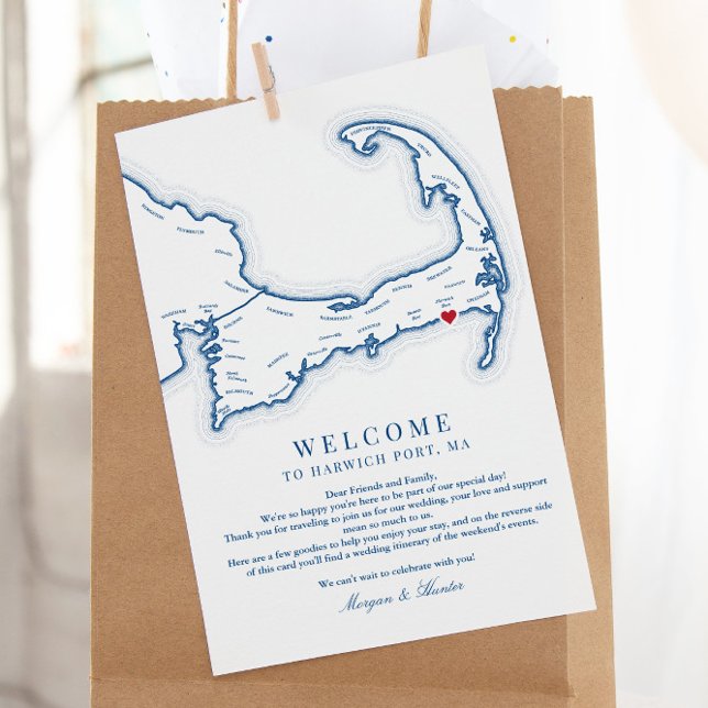 Wychmere Harwich Port MA Wedding Welcome Itinerary Thank You Card (These Harwich Port MA Cape Cod map wedding welcome cards include a weekend events schedule)