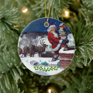 Wyeth - Santa Delivering Books for Christmas. Ceramic Ornament