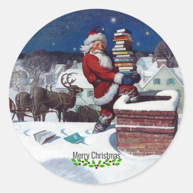 Wyeth - Santa Delivering Books for Christmas. Classic Round Sticker (Front)