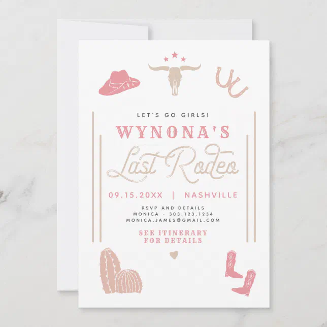 WYNONA Blush Pink Last Rodeo Cowgirl Bachelorette Invitation | Zazzle