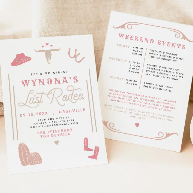 WYNONA Blush Pink Last Rodeo Cowgirl Bachelorette Invitation | Zazzle