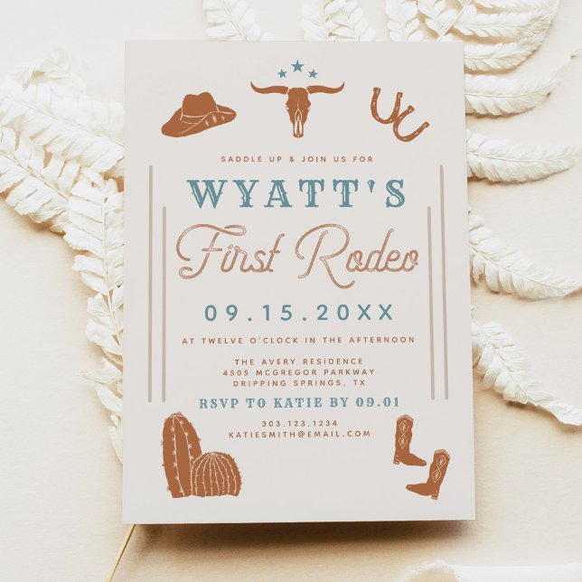 WYNONA Burnt Orange Blue Cowboy 1st Rodeo Birthday Invitation (Creator Uploaded)