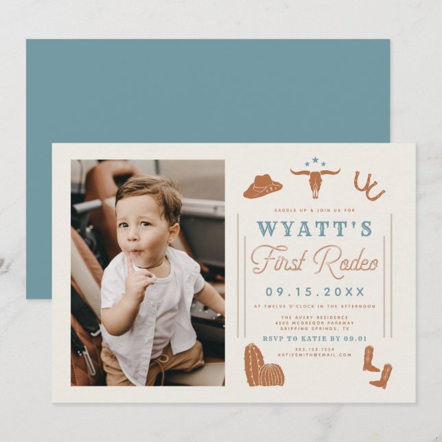 WYNONA Burnt Orange Blue Cowboy 1st Rodeo Birthday Invitation (Front/Back)