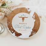 WYNONA First Rodeo Cowboy Birthday Party Paper Plates<br><div class="desc">This rodeo themed first birthday paper plate features a brown watercolor cow print background with burnt orange and teal western graphics and a rodeo font. Pair with anything in the WYNONA Collection for the complete party look!</div>