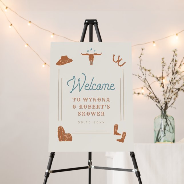 WYNONA Orange Blue Cowboy Couples Shower Welcome Foam Board (In Situ (Stand))