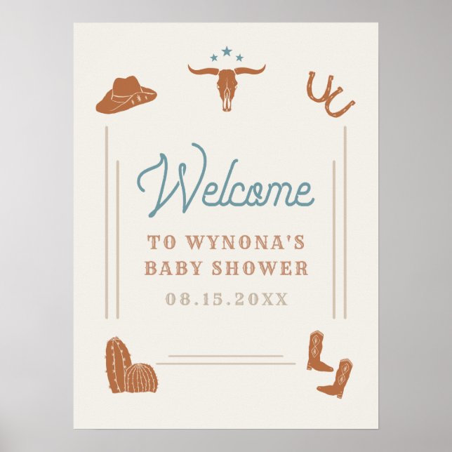 WYNONA Orange Blue Cowgirl Baby Shower Welcome Poster (Front)