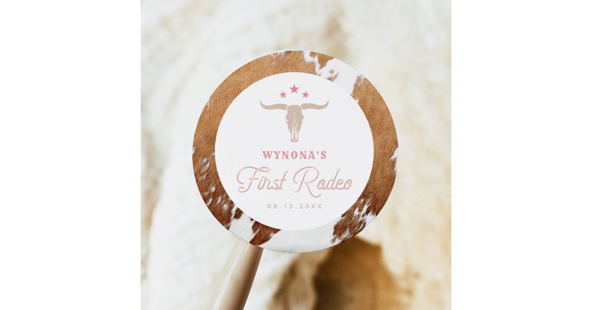Pink Rodeo Sticker WYNONA Pink Cowgirl First Rodeo Birthday Party Classic Round Sticker ...