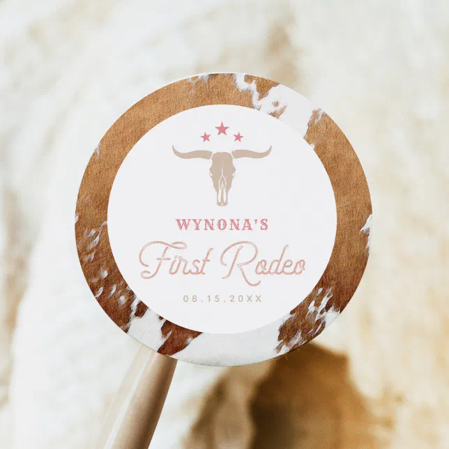 Pink Rodeo Sticker WYNONA Pink Cowgirl First Rodeo Birthday Party Classic Round Sticker ...