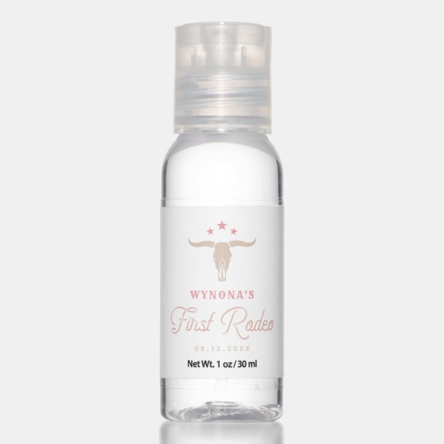 WYNONA Pink Cowgirl First Rodeo Birthday Party Hand Sanitizer (Front)