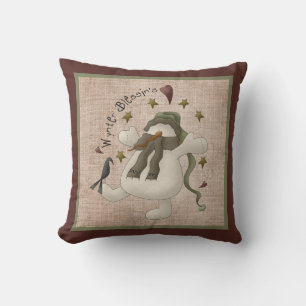 Wynter Blessings Primitive Snowman - Linen Look Throw Pillow