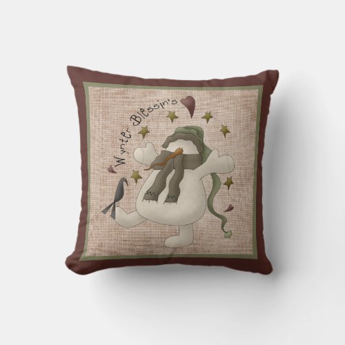 Wynter Blessings Primitive Snowman _ Linen Look Throw Pillow