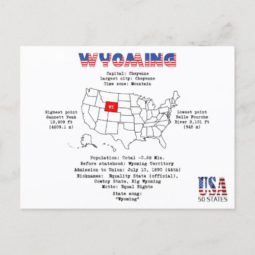 Wyoming American state on a map and useful info Holiday Postcard