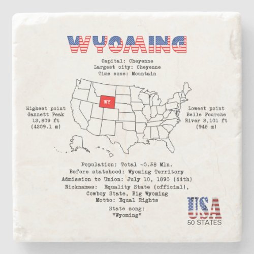 Wyoming American state on a map and useful info Stone Coaster