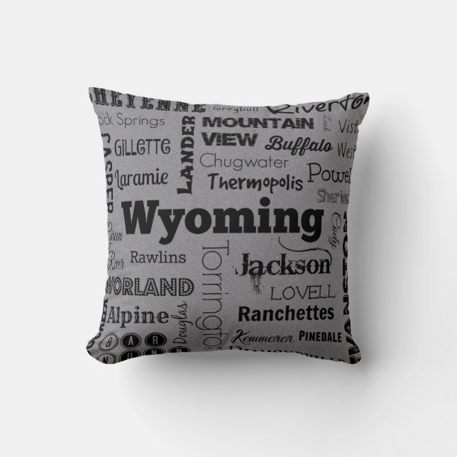 Wyoming cities typography pillow in gray/black (Front)