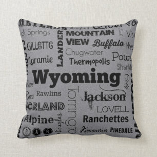 Wyoming cities typography pillow in gray/black