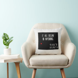 Wyoming GPS Coordinates with Heart Throw Pillow
