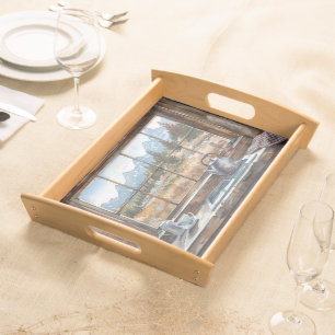 Wyoming Log Cabin Kitchen Watercolor with Grand Te Serving Tray