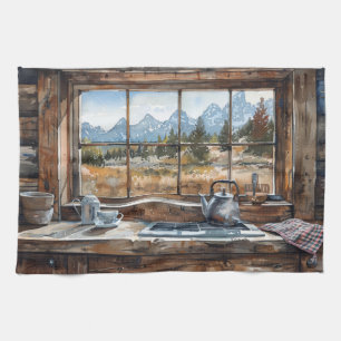 Wyoming Log Cabin Kitchen Watercolor with Grand Te Towel